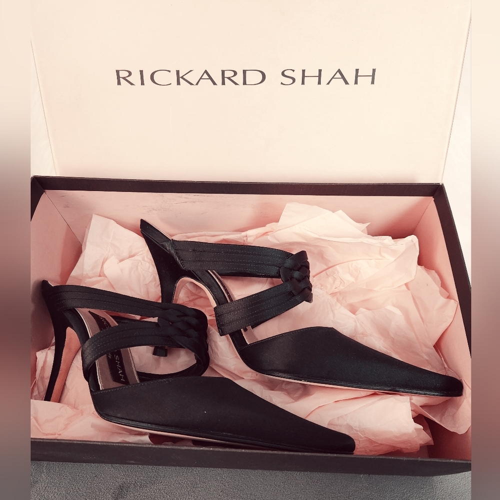 Rickard Shah size 6 Black satin sandals 4" heels NEW IN BOX